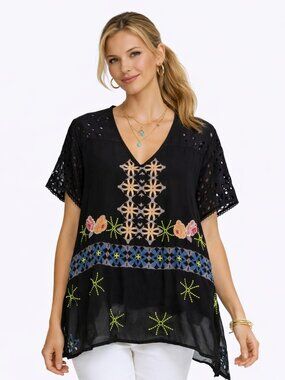 Johnny Was Cecile Cupra Rayon Embroidered Tunic Top Black Size XL